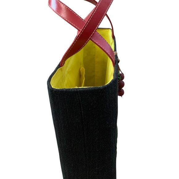 Vintage Santi Woven Straw Tote Bag Fruit Embroidered Black Canvas - Picture 5 of 11